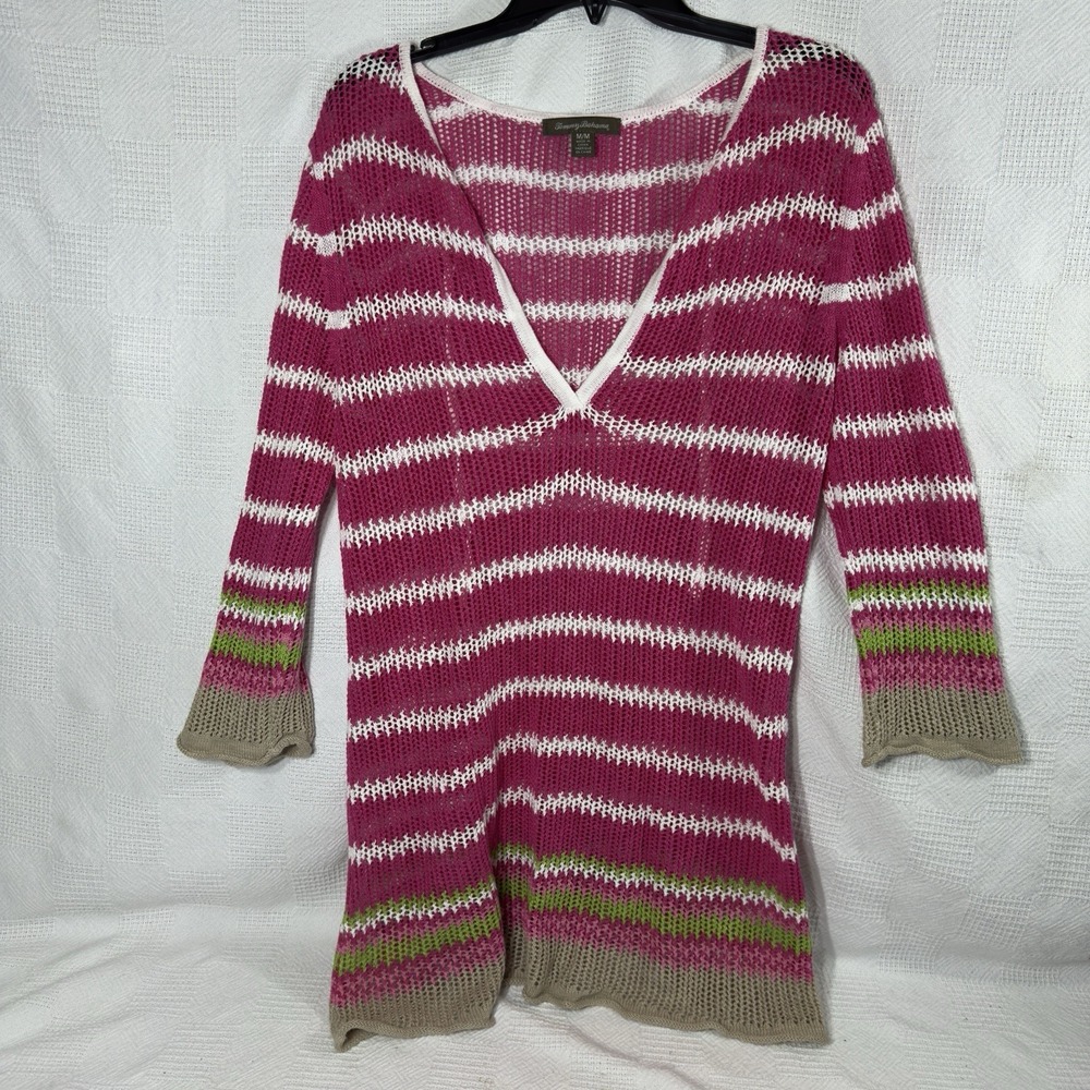 Tommy Bahama Womens Shirt Open Knit Sweater Coverup Stripe Front Tie Size M